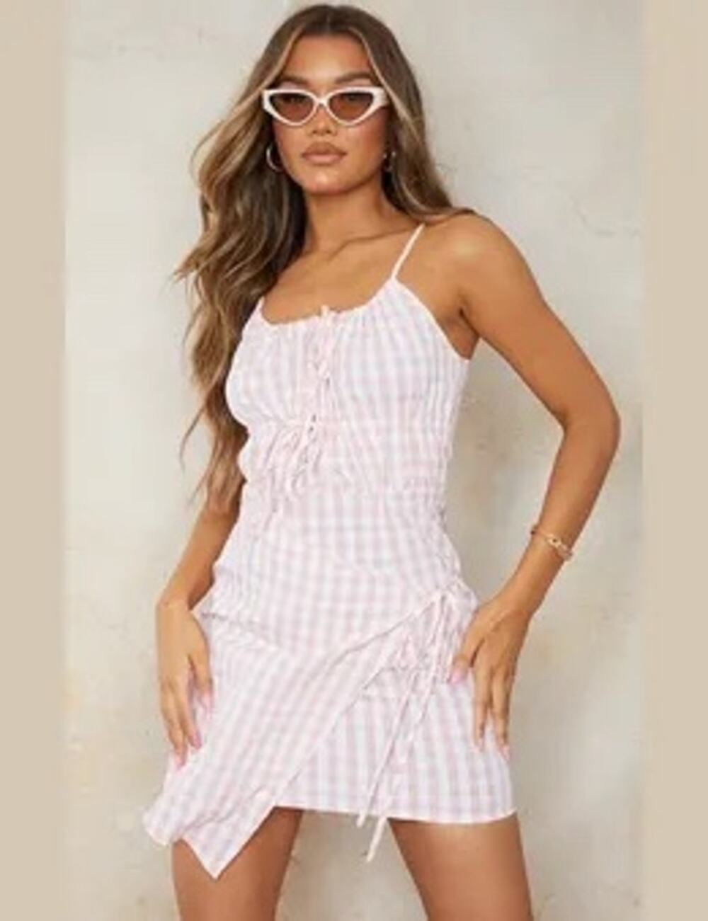PrettyLittleThing Pink Gingham Tie Wrap Mini Dress – Size 8 – New With Tags
